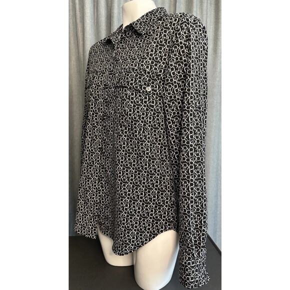 Calvin Klein Black & White CK All Over Logo Women's Long Sleeve Shirt Blouse M - Picture 2 of 16